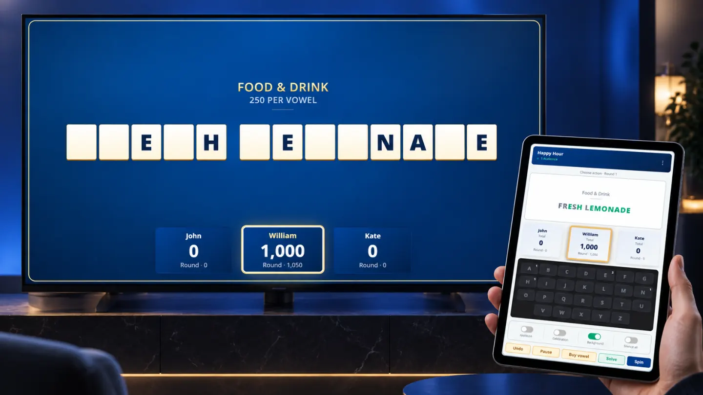 Word Wheel TV audience view with the solution visible only on the host’s tablet